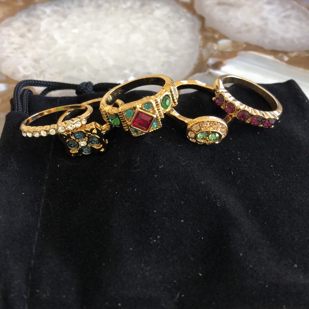 Set of 5 Vintage Heirloom Designed Crystal Rings ( with Chain),sz 7